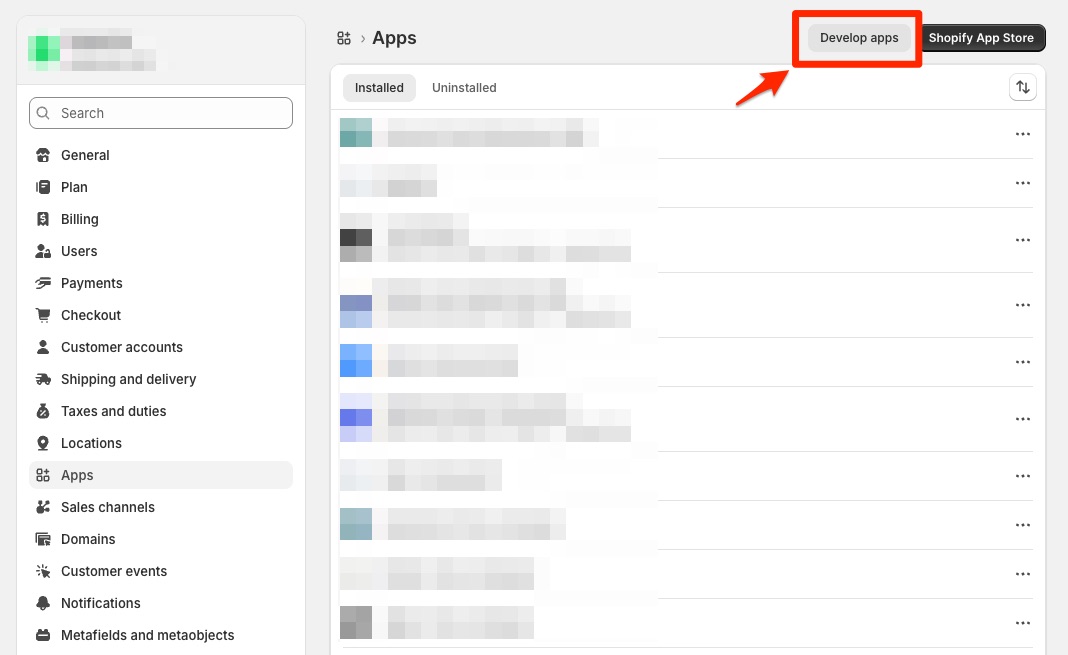 Shopify admin Apps page with the Develop apps button highlighted