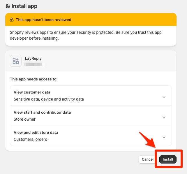 Install consent screen listing data access, with Install highlighted
