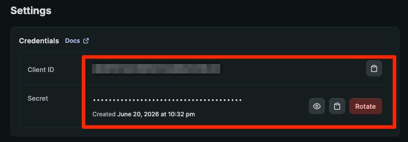 Settings Credentials panel showing Client ID and Secret