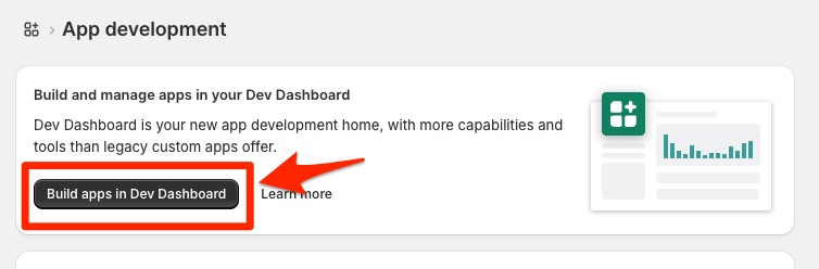 App development page with Build apps in Dev Dashboard highlighted