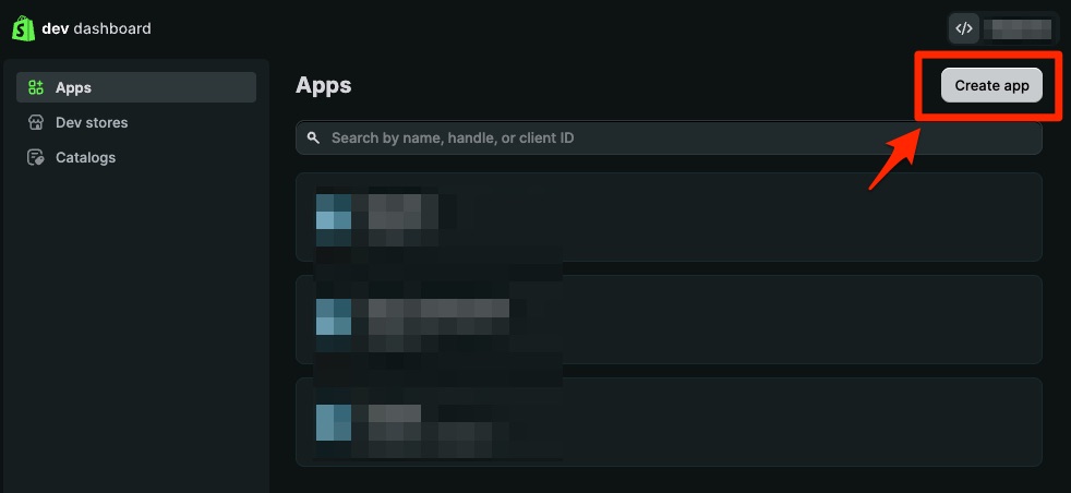 Dev Dashboard Apps list with Create app highlighted