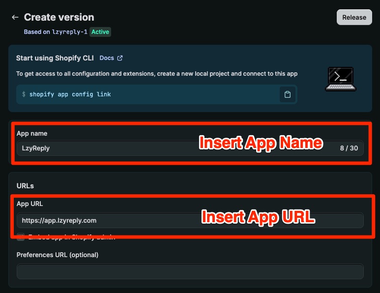 Create version page with App name and App URL filled in
